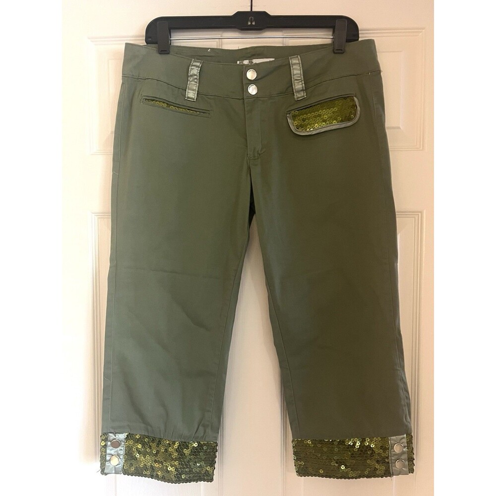 Vtg Crest Jeans The Collection Olive Green Sequin Capri Pants Womens Size 13/14